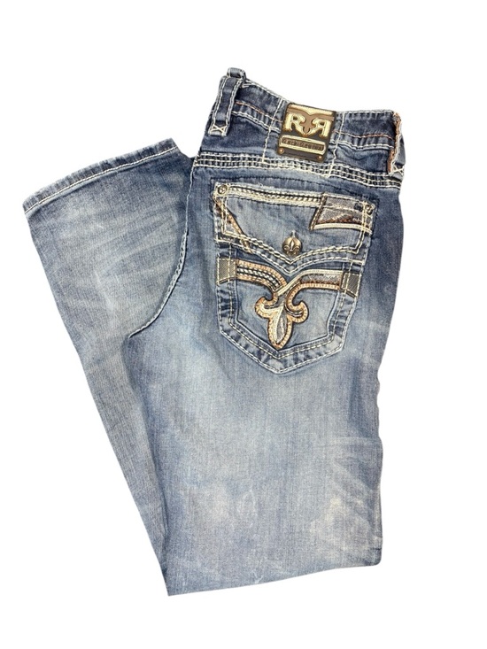 Rock Revival Other - Rock Revival Jeans Sz36 Bootcut Distressed Fleur De Lis Embroidered Thick Stitch